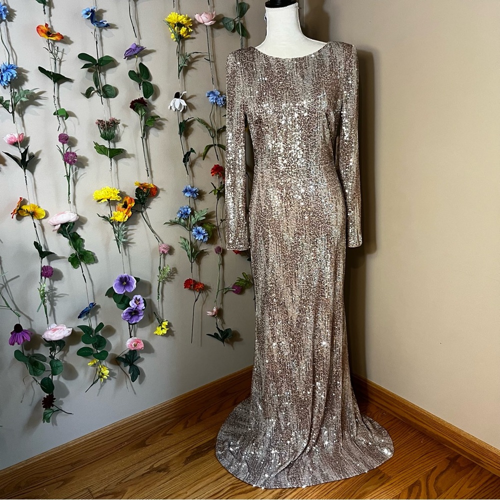 Eliza J Champagne Sequins Formal Maxi, Size 10 NWT